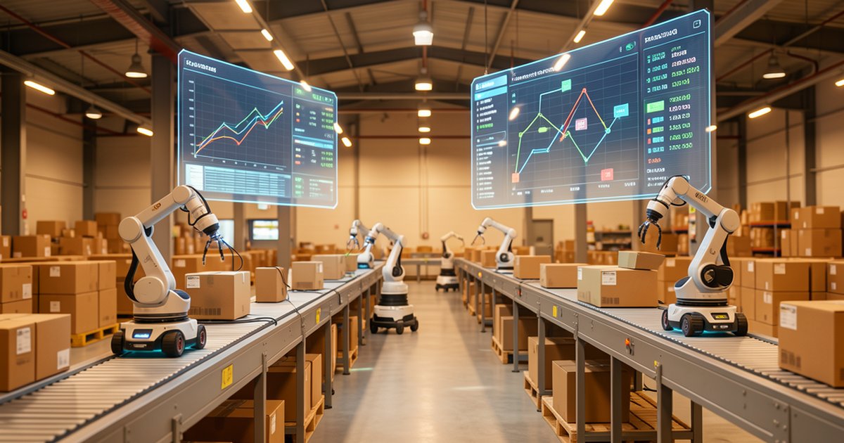 Centro logístico automatizado con robots y tecnología IA para fulfilment en agentic commerce 2026