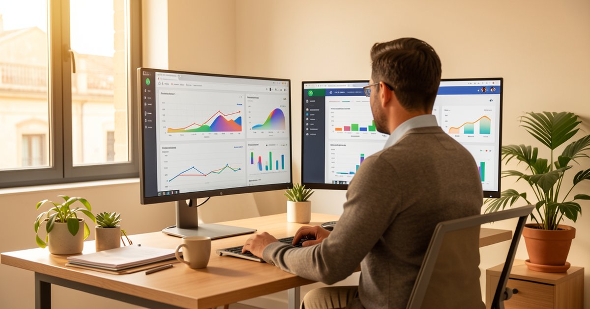 Automatización de marketing con IA para pymes en 2026 - profesional trabajando en dashboard de automatización