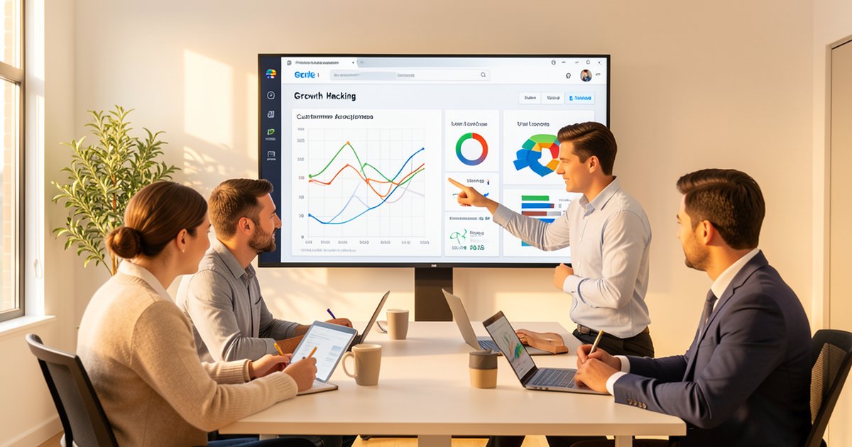 Growth Hacking con IA para Pymes — equipo de marketing analizando métricas de crecimiento en un dashboard digital