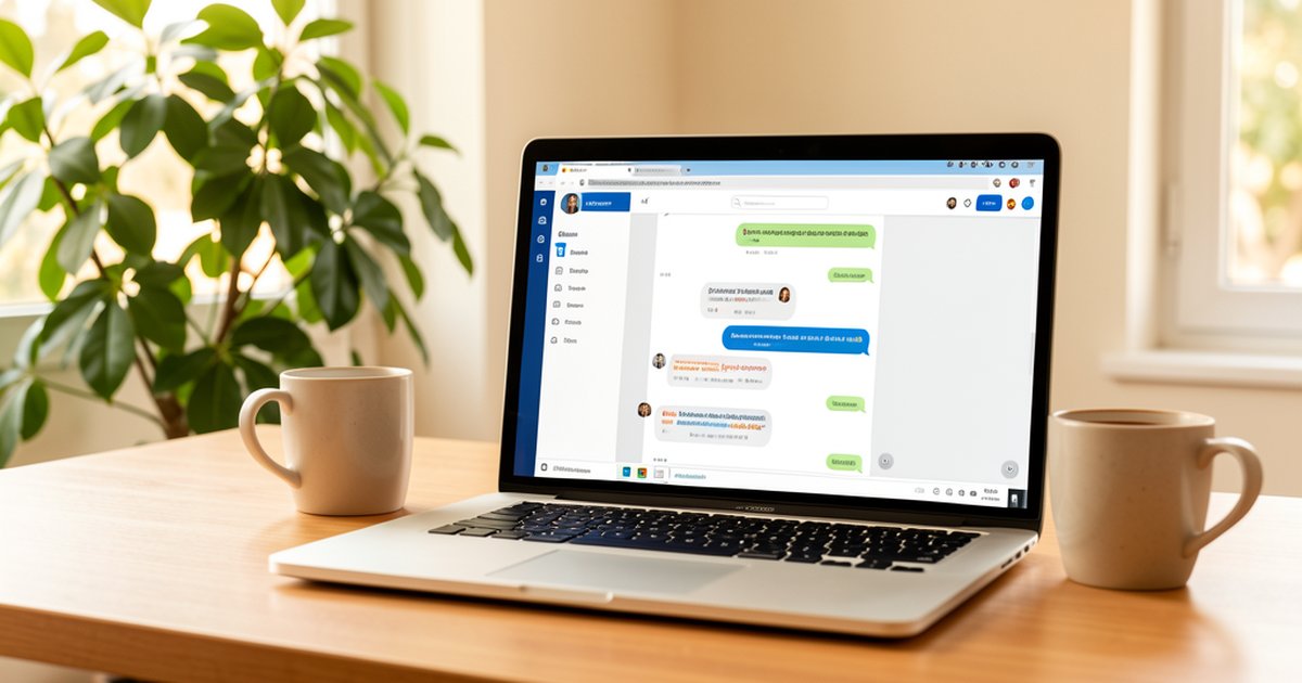Marketing conversacional con IA en oficina moderna con ordenador portátil mostrando chat
