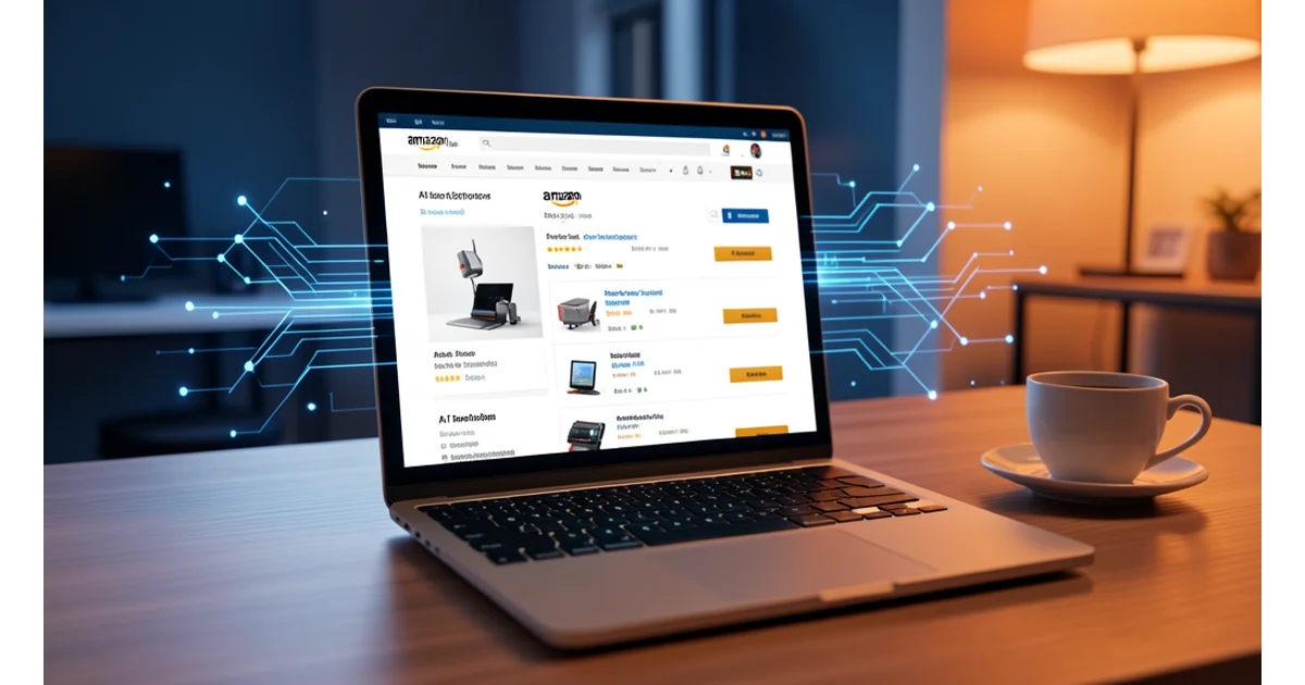 Amazon IA 2026 - Límites en títulos de producto para pymes. Imagen fotorealista de escritorio con portátil mostrando listado de Amazon con elementos digitales de IA.