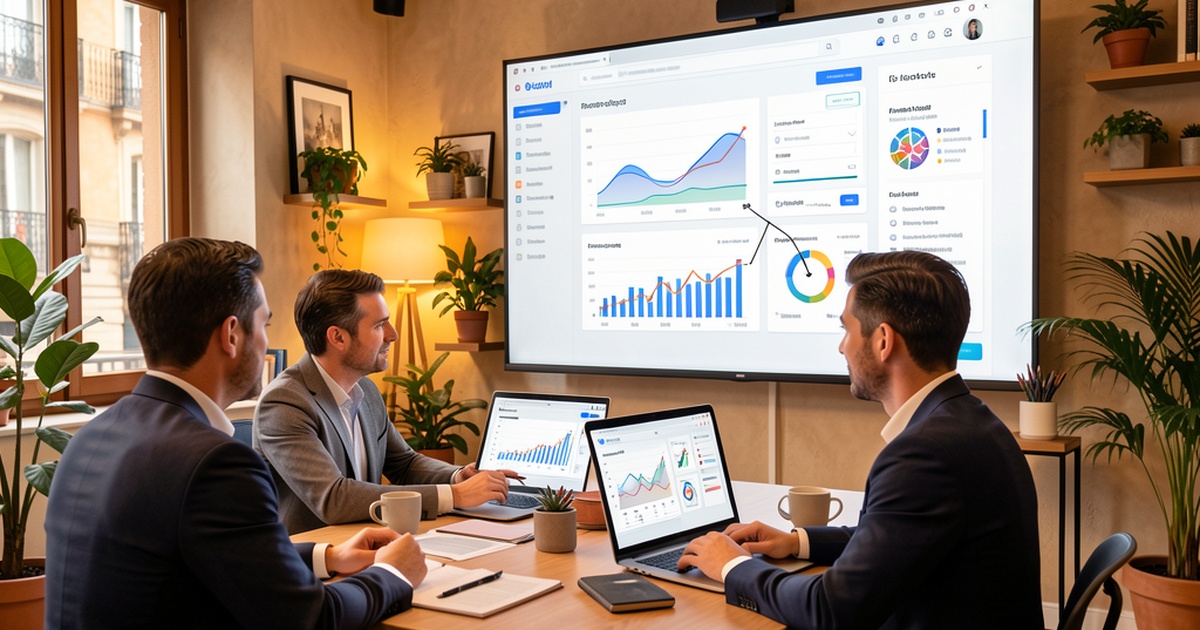 Analítica web con IA para pymes - dashboard con datos y gráficos en oficina moderna