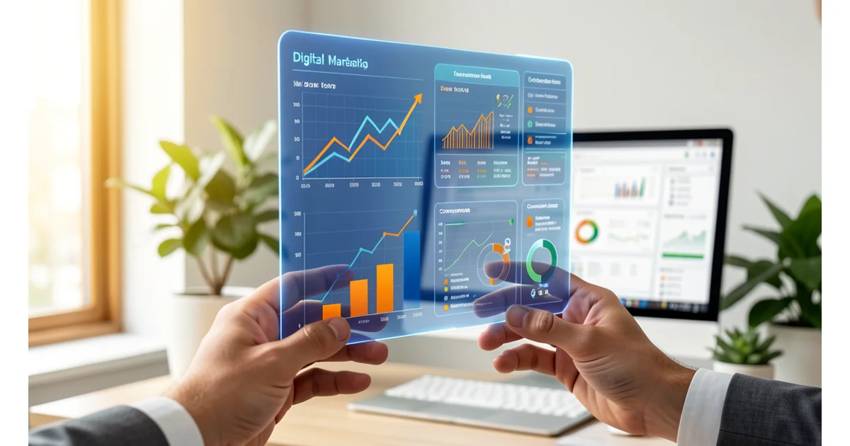 Marketing Digital 2026 – Clientelia Dashboard holográfico de marketing digital con gráficos de crecimiento y métricas de conversión, representando la automatización e inteligencia artificial aplicada al marketing para pymes en 2026.