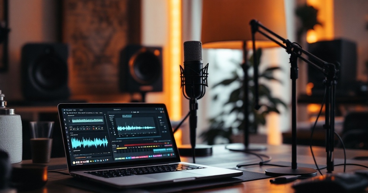 Podcast marketing con IA para pymes - equipo de grabación profesional con micrófono y software de IA