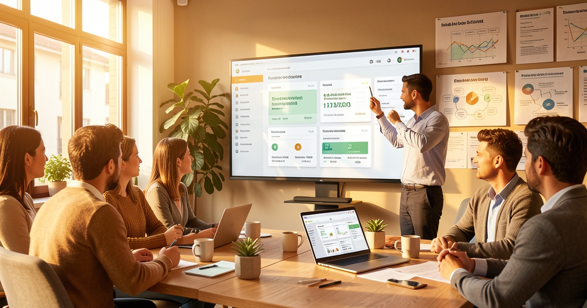 Marketing de Referidos con IA para Pymes - Oficina moderna con equipo revisando dashboard de referidos