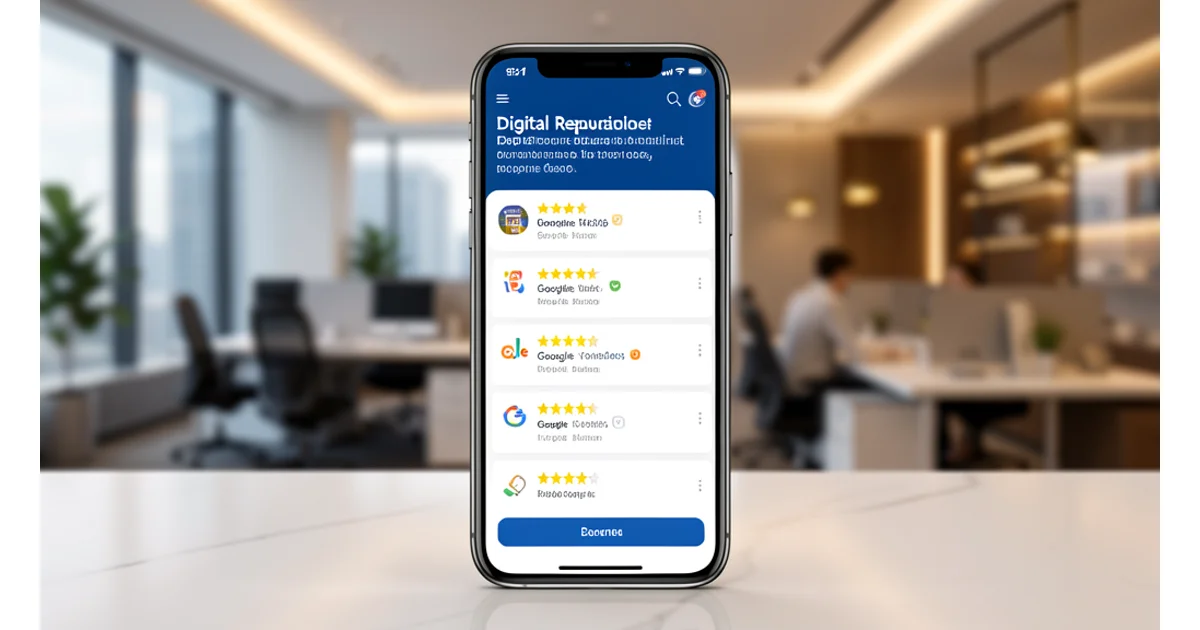 Reputación digital: reseñas positivas en smartphone sobre fondo de oficina profesional