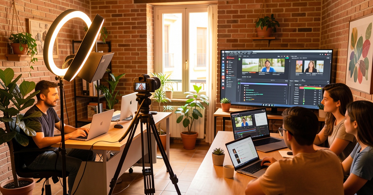 YouTube Marketing con IA para Pymes - equipo grabando vídeo en oficina moderna con equipo profesional