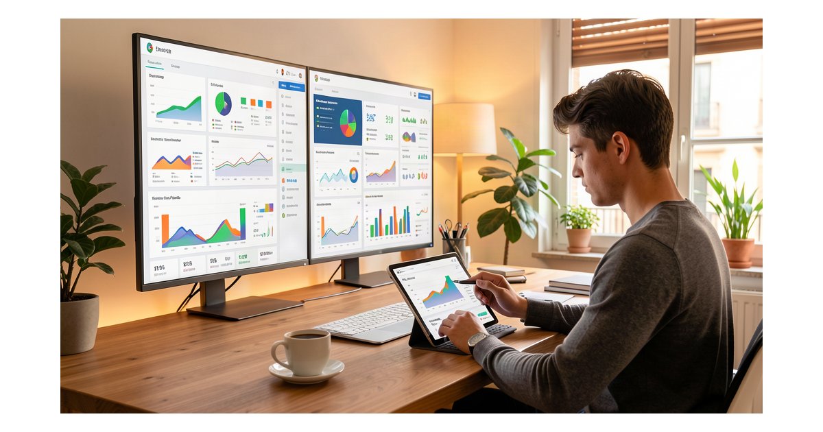 Big Data Marketing con IA para Pymes - Dashboard analítica avanzada con gráficos y KPIs en oficina moderna