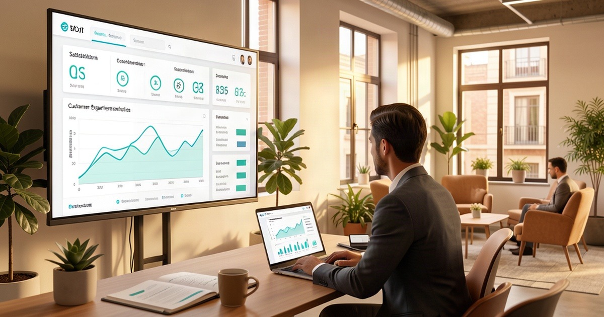 Customer Experience con IA para Pymes 2026: oficina moderna con analítica CX