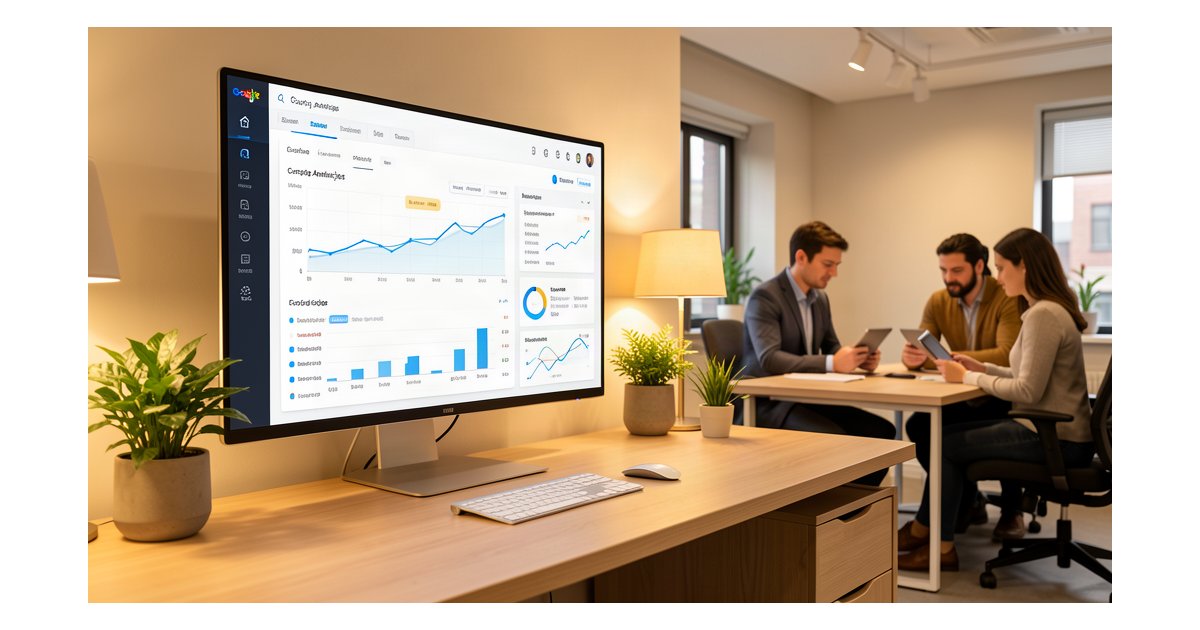 Google Analytics con IA para Pymes 2026 - Panel de analítica web con inteligencia artificial en oficina moderna