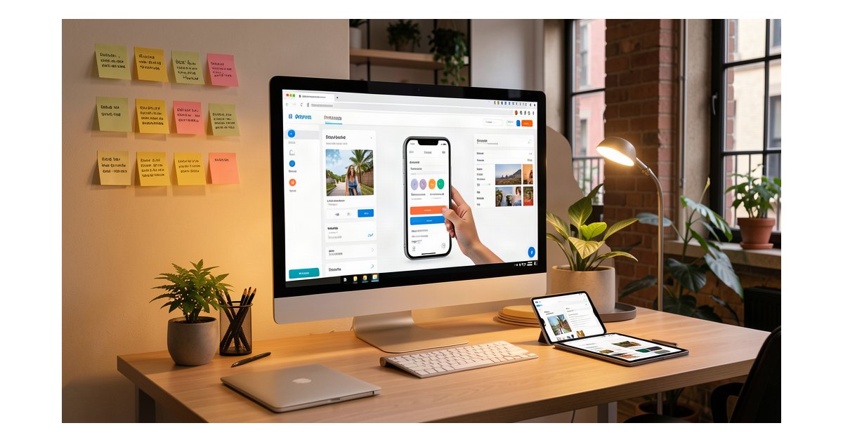 Espacio de trabajo moderno con diseñador editando interfaz móvil, notas adhesivas con microcopy, oficina urbana española