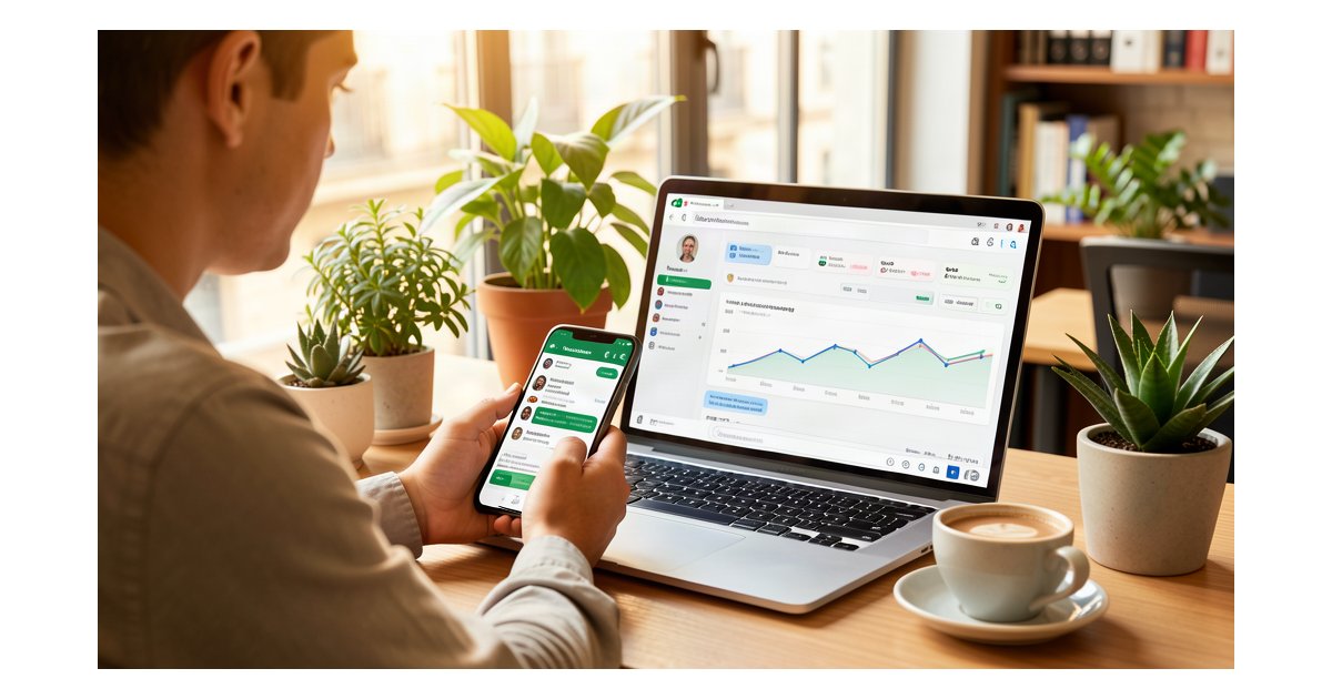 Dueño de pyme usando WhatsApp Business con IA en su oficina, automatización de marketing