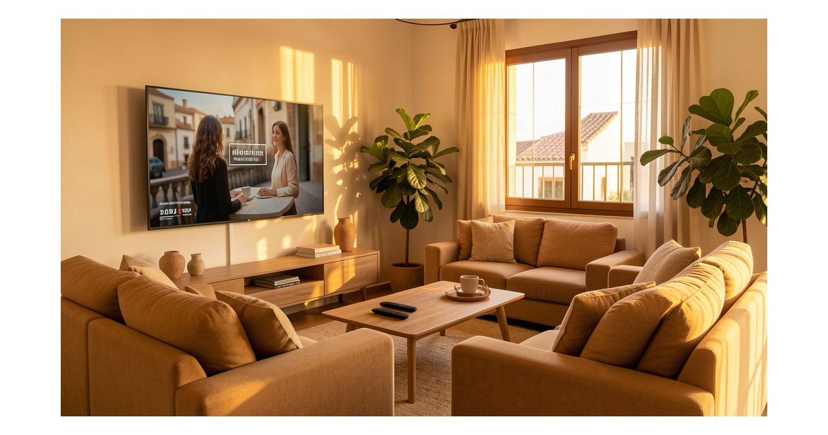 Salón moderno con Smart TV mostrando publicidad CTV para pymes