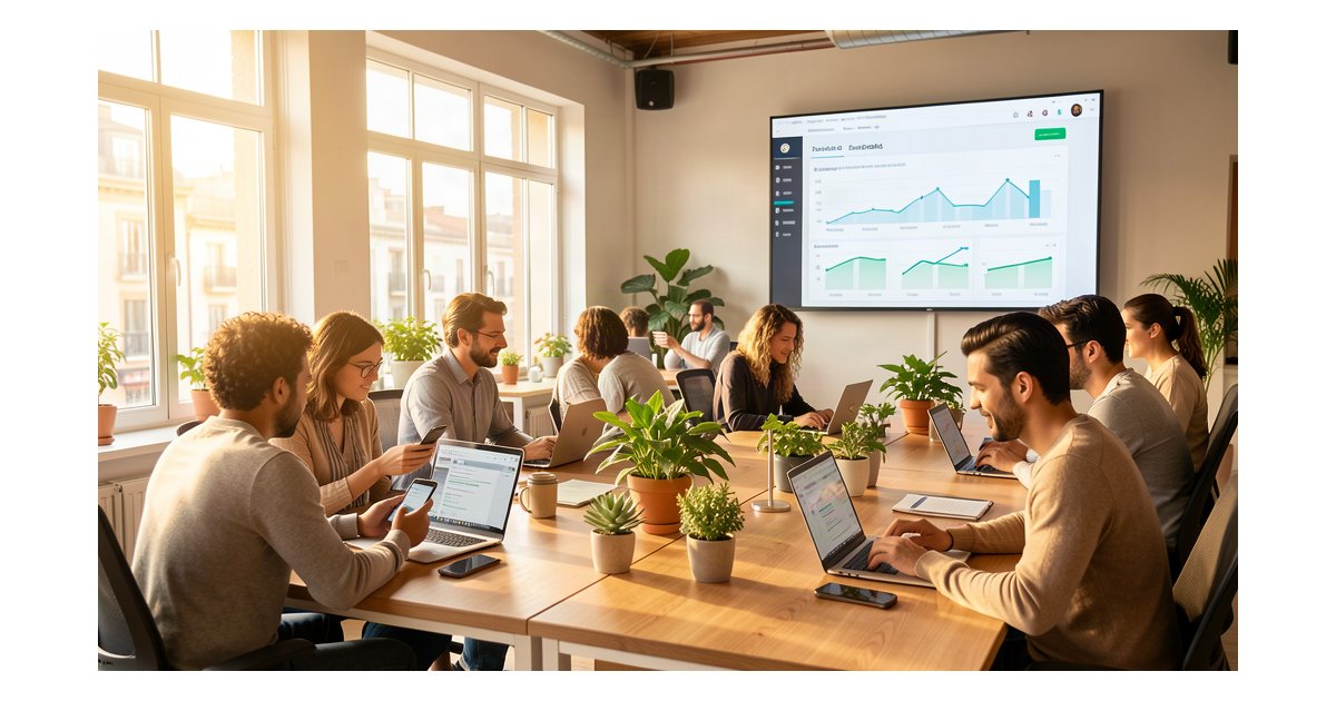 Employee advocacy con IA para Pymes - equipo compartiendo contenido en oficina