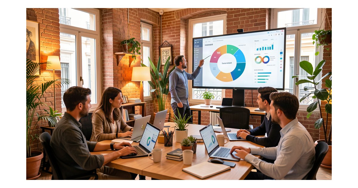 Flywheel Marketing con IA para Pymes 2026 - equipo revisando modelo circular en pantalla digital