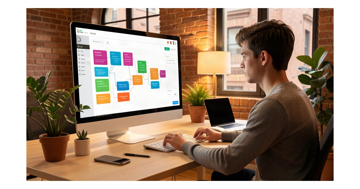Modern marketing agency workspace with a young professional using a drag-and-drop no-code platform on a large monitor, c