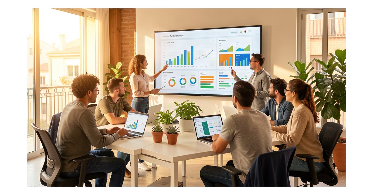 Data analytics con IA para pymes - panel de datos y KPIs en oficina moderna