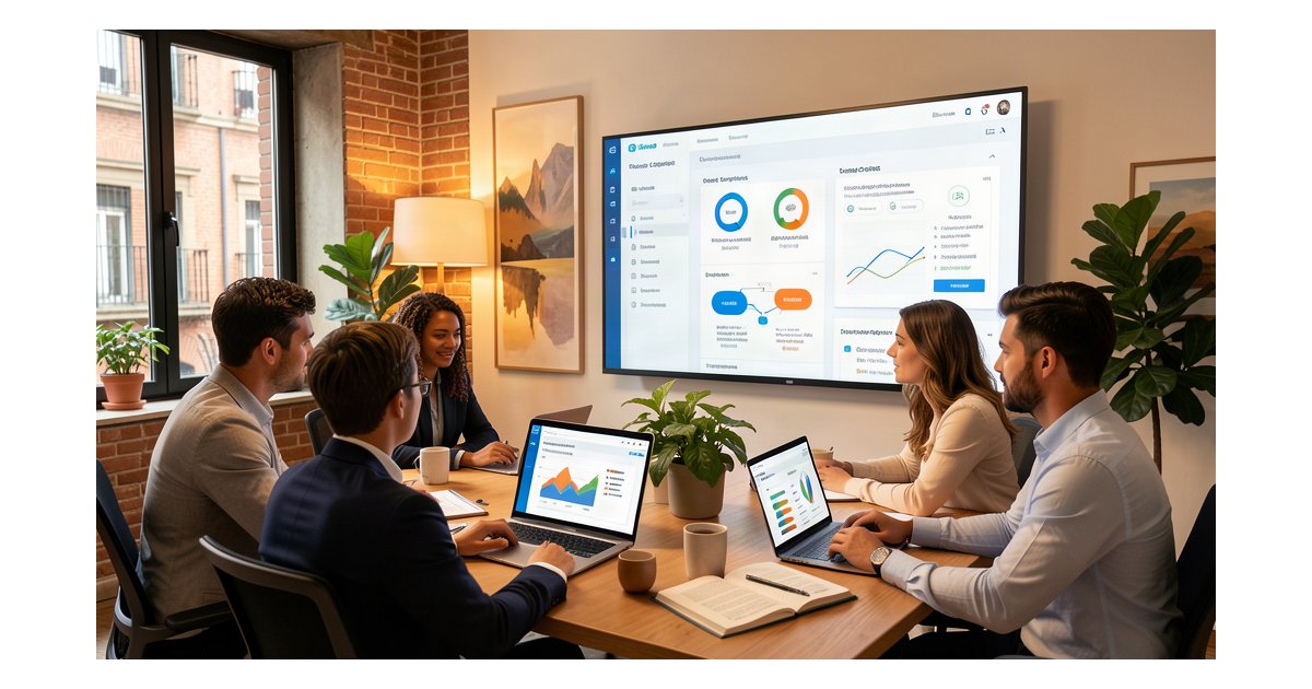 Marketing Ethics con IA para Pymes 2026 - Oficina moderna con equipo revisando dashboard de ética y compliance