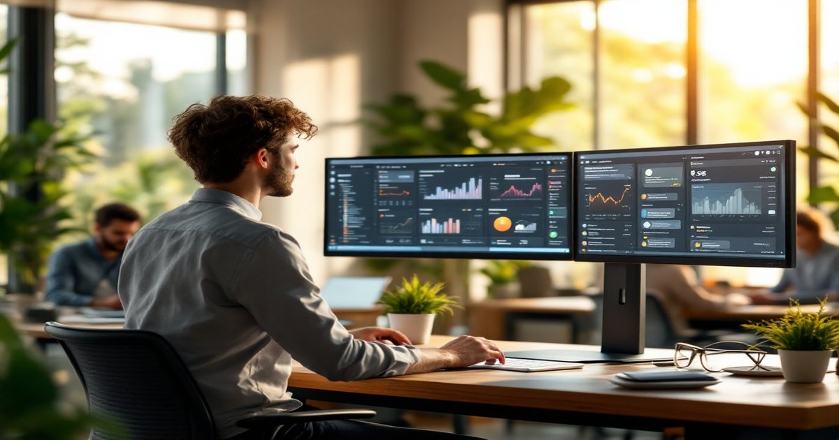 Multichannel marketing con IA - oficina moderna con dashboards multicanal - 2026