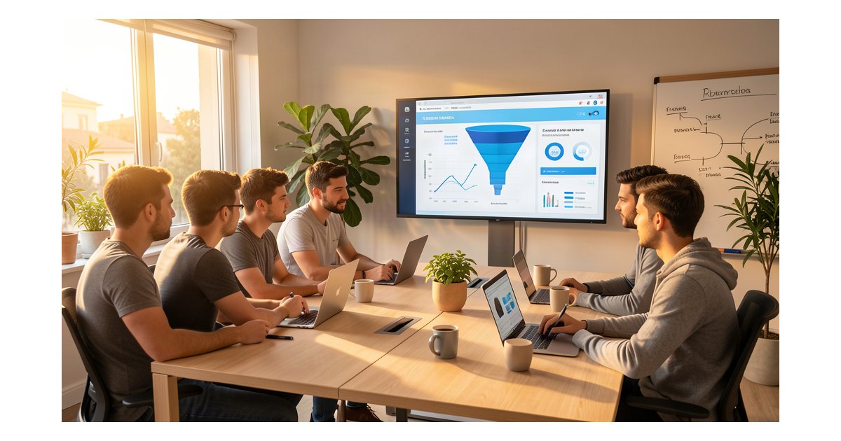 Equipo de pyme planificando un product launch con IA en oficina moderna