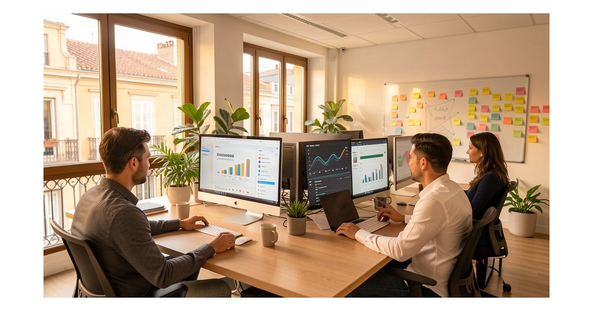 Social Media Advertising con IA para Pymes: equipo en agencia de marketing digital