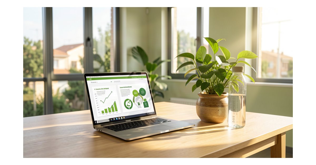 Oficina moderna pyme con portatil graficos sostenibilidad y planta decorativa
