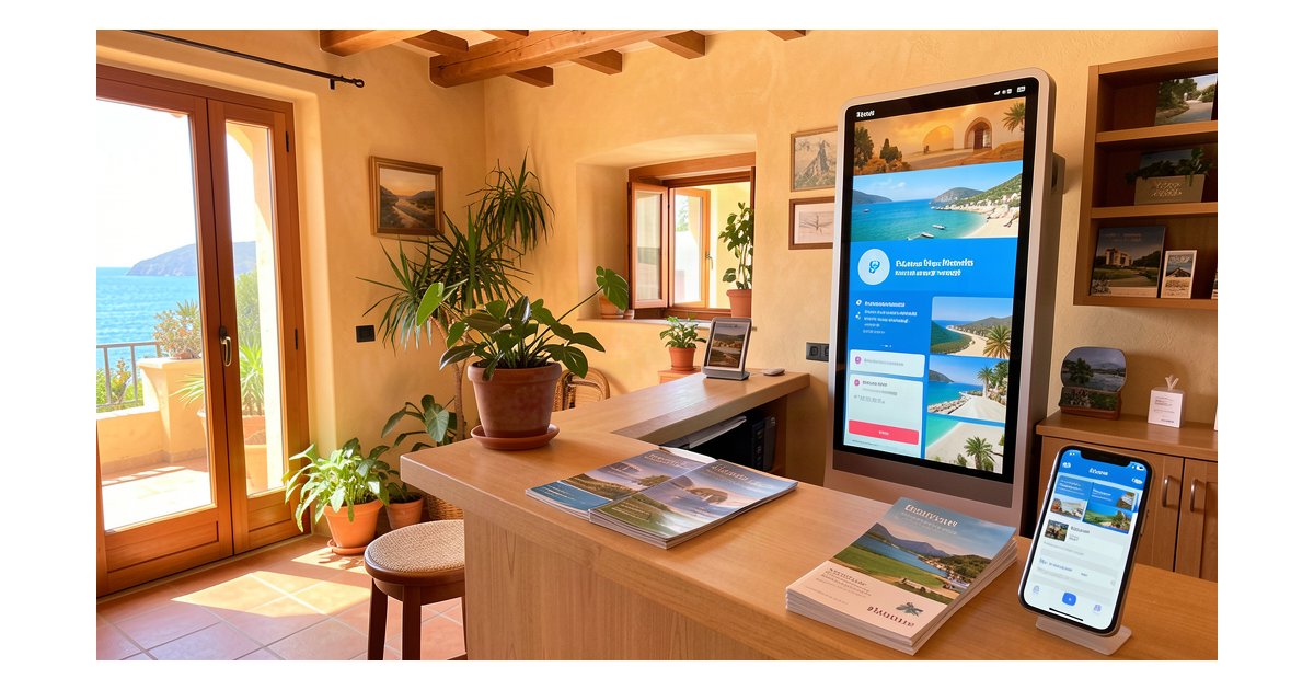 Oficina de turismo rural con pantalla digital mostrando recomendaciones de viaje y movil con app de reservas