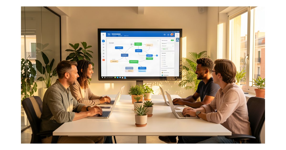 Equipo de pyme viendo dashboard de automatización de flujos de trabajo con IA en oficina moderna