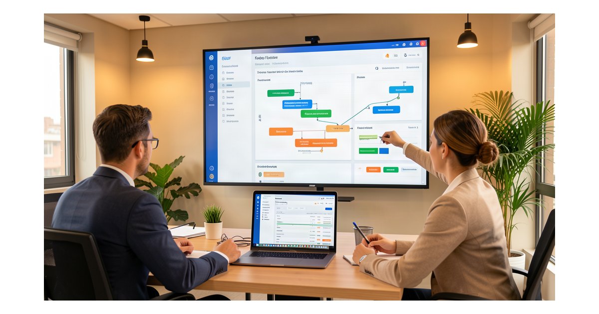 Sales Automation con IA para Pymes: equipo revisando dashboard de ventas en oficina moderna