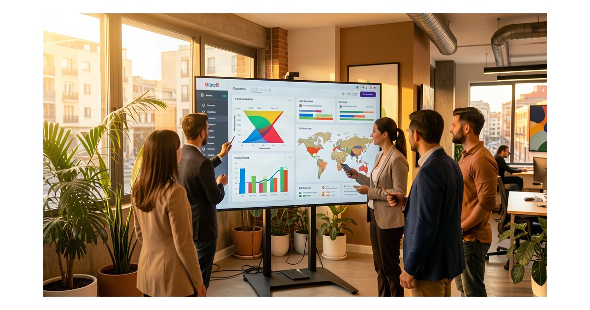 Customer analytics con IA para pymes: profesionales revisando dashboard de analítica de clientes en oficina moderna