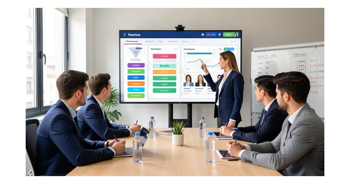 Pipeline management con IA para pymes: equipo revisando dashboard de ventas en oficina moderna