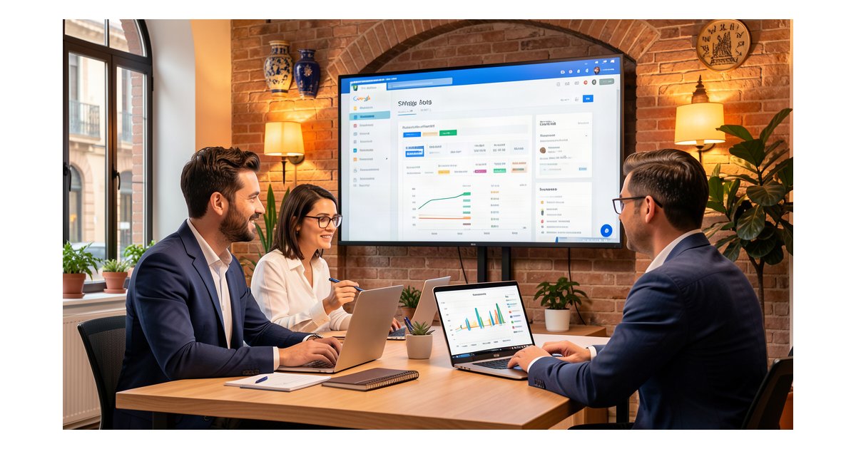 Search Engine Marketing con IA para Pymes Search Engine Marketing con IA para Pymes: equipo revisando campañas SEM en panel digital